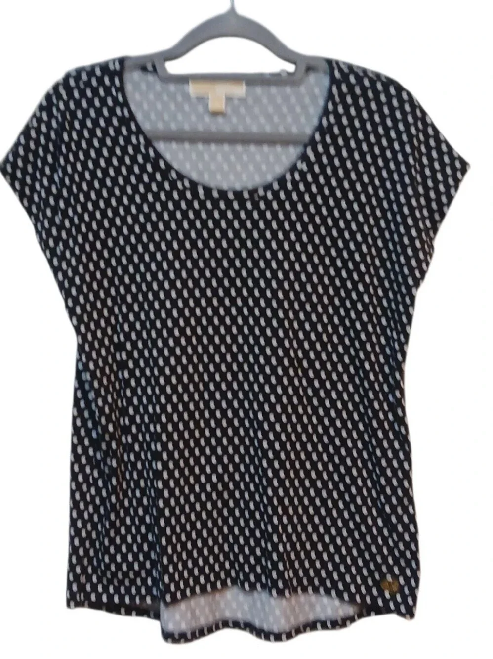 Michael Kors - Black Hi/Lo Blouse With White Poke dots, Flutter Sleeves,